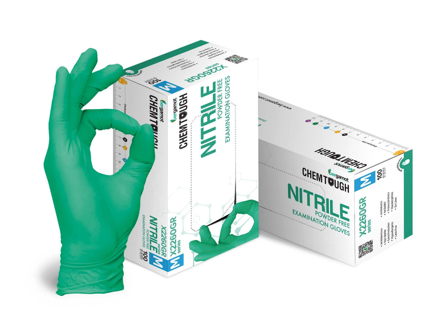 Green Chemtough nitrile gloves, engineered for maximum durability and chemical resistance. Ideal for industrial applications, providing reliable protection and a comfortable fit for handling hazardous materials.
