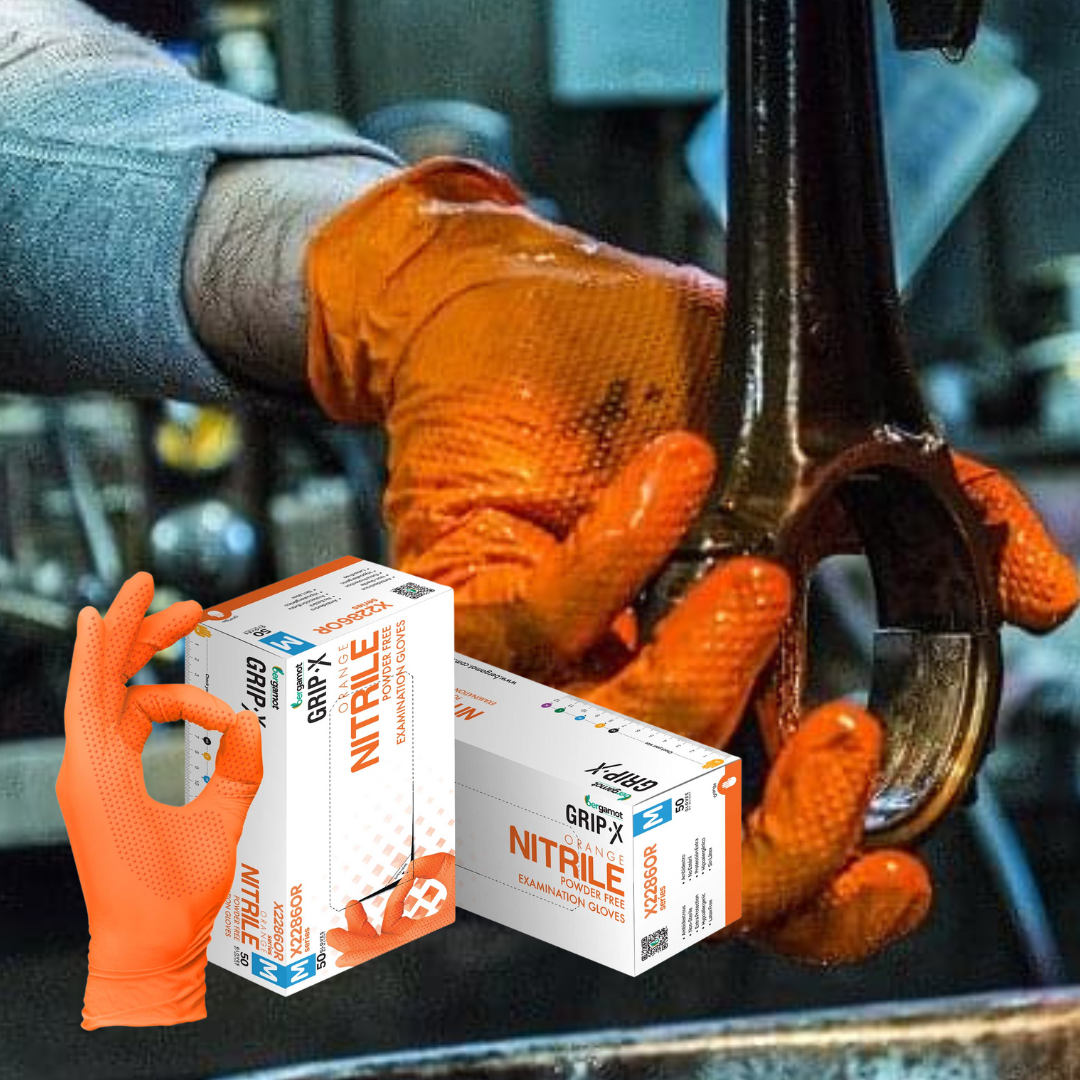 Grip-X orange nitrile gloves designed for mechanics, featuring enhanced grip and dexterity. Ideal for handling tools and machinery, these durable, latex-free gloves provide excellent protection and comfort in automotive and industrial settings.