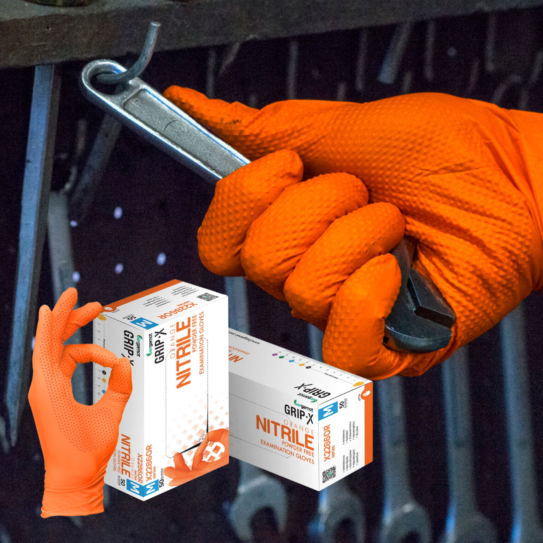 Grip-X orange nitrile gloves designed for mechanics, featuring enhanced grip and dexterity. Ideal for handling tools and machinery, these durable, latex-free gloves provide excellent protection and comfort in automotive and industrial settings.