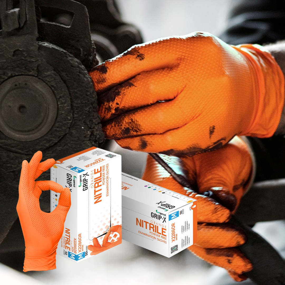 Grip-X orange nitrile gloves designed for mechanics, featuring enhanced grip and dexterity. Ideal for handling tools and machinery, these durable, latex-free gloves provide excellent protection and comfort in automotive and industrial settings.