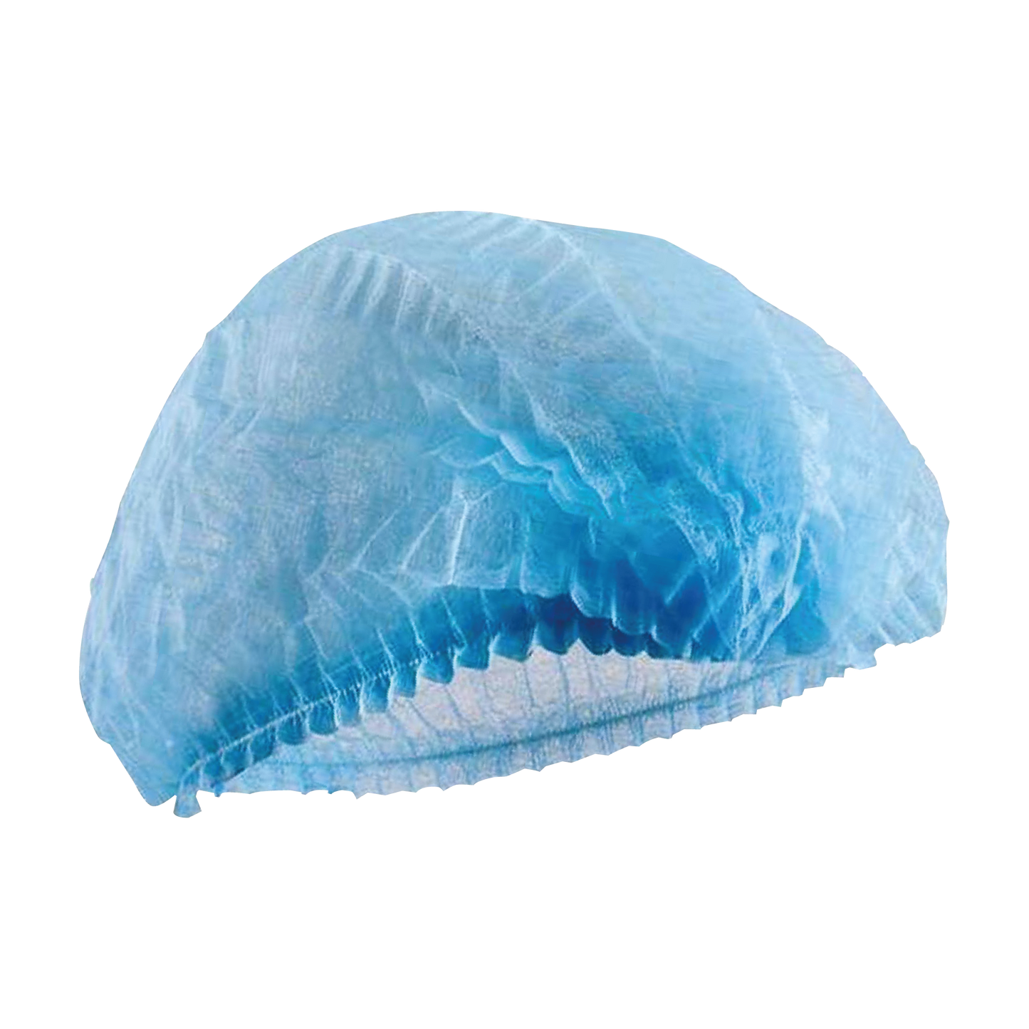 Blue mob cap hair net designed for hygienic hair containment in food service and medical environments. Lightweight and breathable, providing a secure fit to prevent hair from contaminating products during preparation