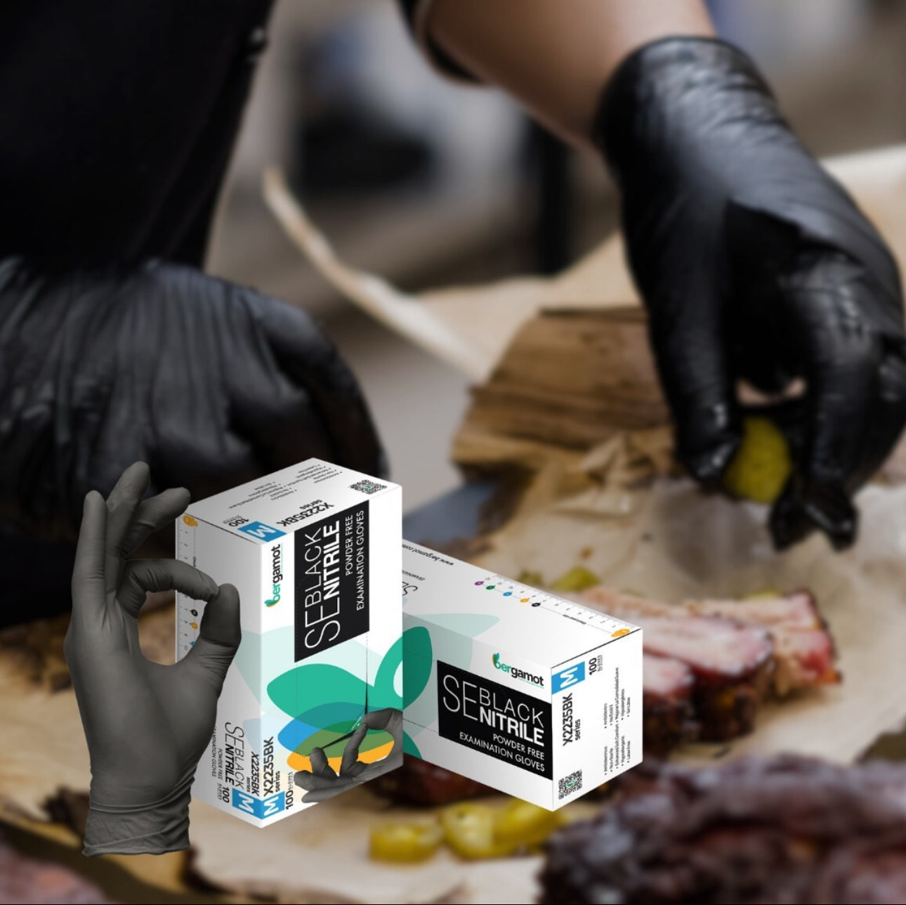 Black nitrile gloves for food preparation, offering strong barrier protection and a textured grip. Ideal for handling food safely in kitchens, catering, and food service environments