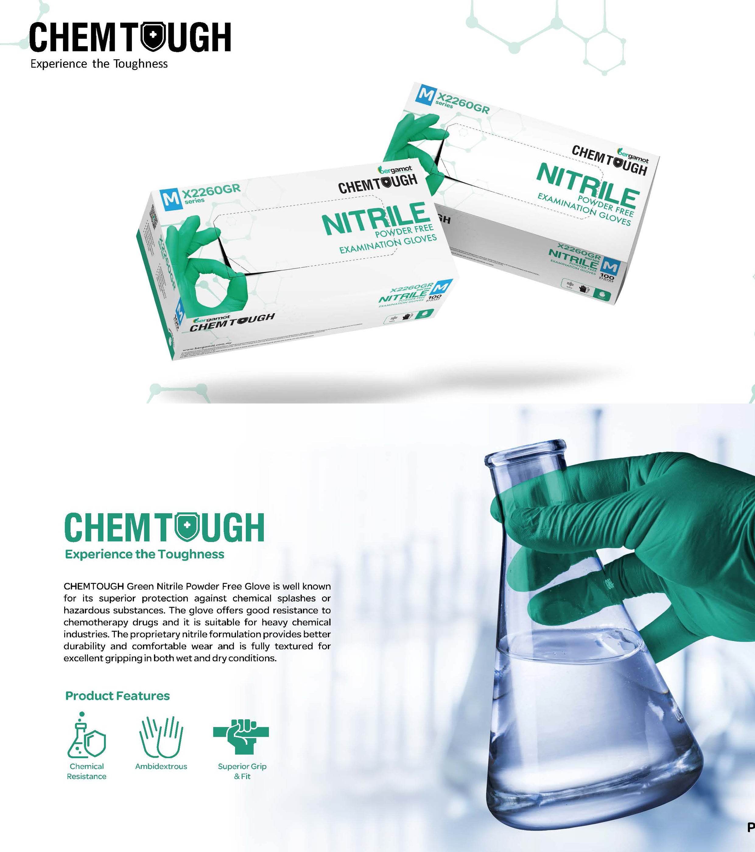 Marketing photo showcasing Chemtough green nitrile gloves with detailed product information