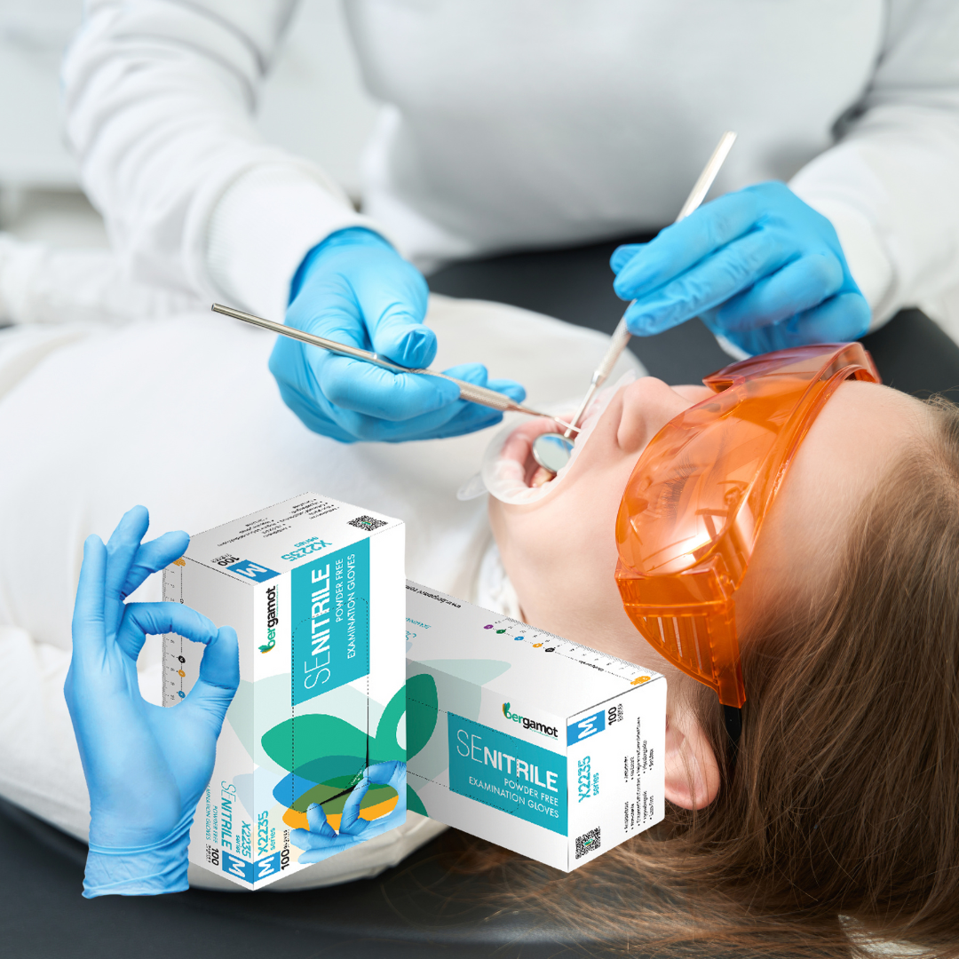 Blue nitrile gloves for dental procedures, offering superior tactile sensitivity and protection. Latex-free and durable, ideal for maintaining hygiene during patient care and dental treatments.