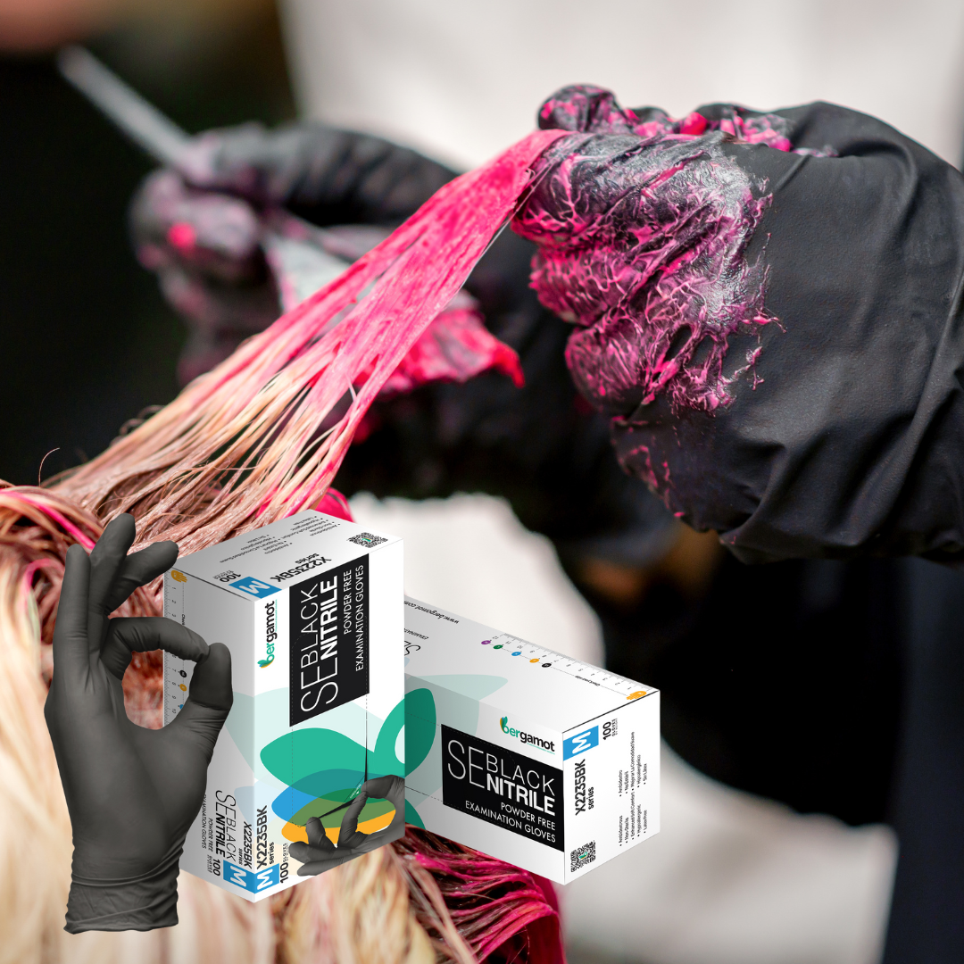 Black nitrile gloves designed for hair dyeing, offering chemical resistance and a snug fit for precise application. Perfect for protecting hands during professional or at-home hair colouring