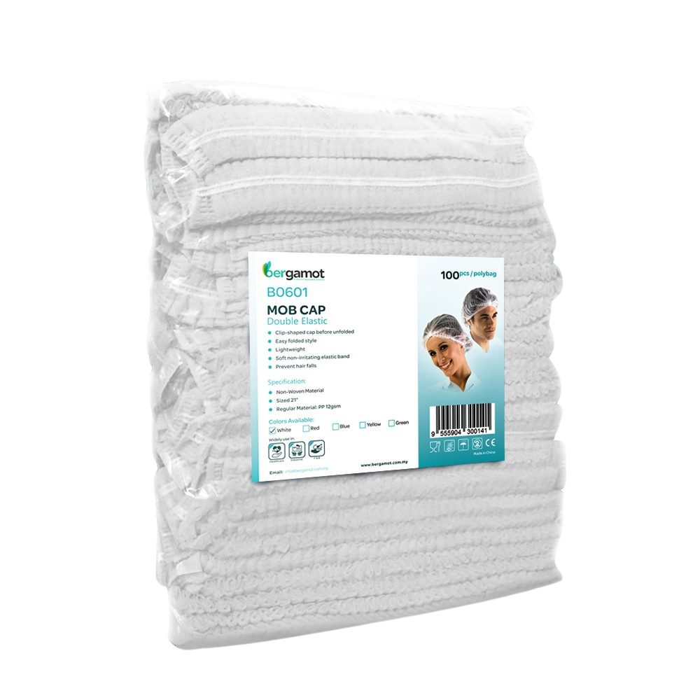 White mob cap hair net designed for maximum hygiene and comfort in food service and healthcare settings. Lightweight and breathable, these caps securely contain hair to maintain cleanliness during food preparation and medical procedures