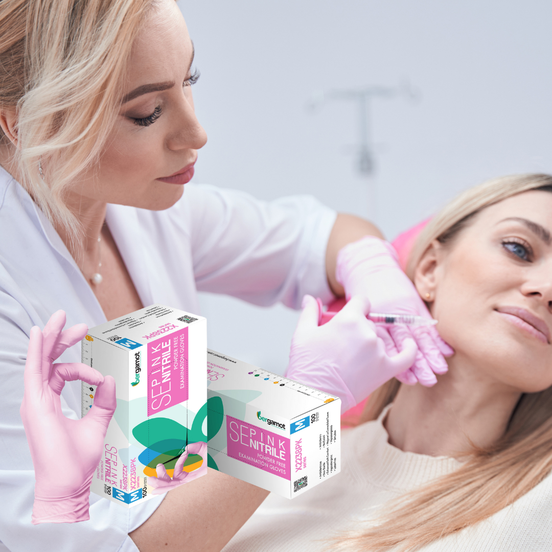 Pink nitrile gloves for Botox injection procedures, offering high-quality protection and tactile sensitivity. Latex-free and durable, these gloves ensure safety and precision during cosmetic treatments.