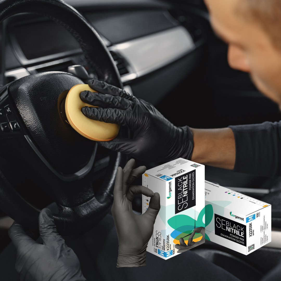 Close-up of black nitrile gloves, ideal for car detailing. Provides superior protection and grip for handling chemicals, oils, and detailing tools with precision and safety