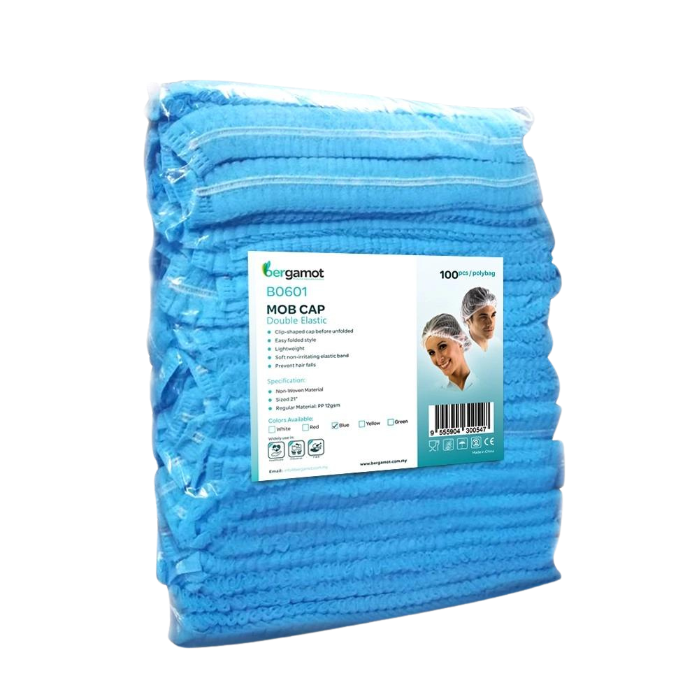 Blue mob cap hair net designed for hygienic hair containment in food service and medical environments. Lightweight and breathable, providing a secure fit to prevent hair from contaminating products during preparation