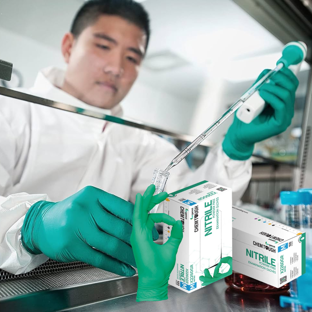 Green Chemtough nitrile gloves, engineered for maximum durability and chemical resistance. Ideal for industrial applications, providing reliable protection and a comfortable fit for handling hazardous materials.