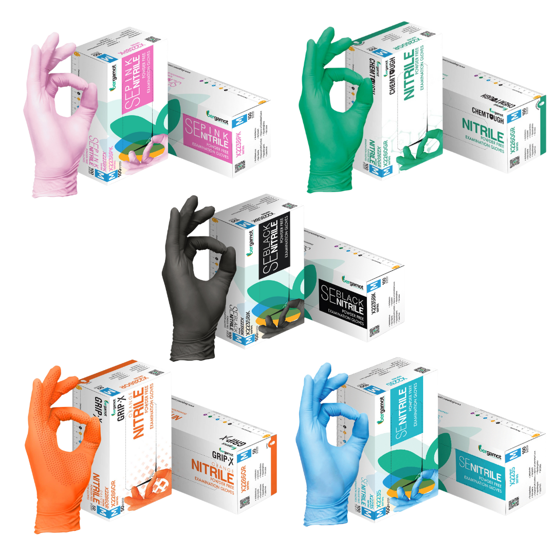 Assorted nitrile gloves in various colors including blue, black, and green, displayed side by side for product comparison