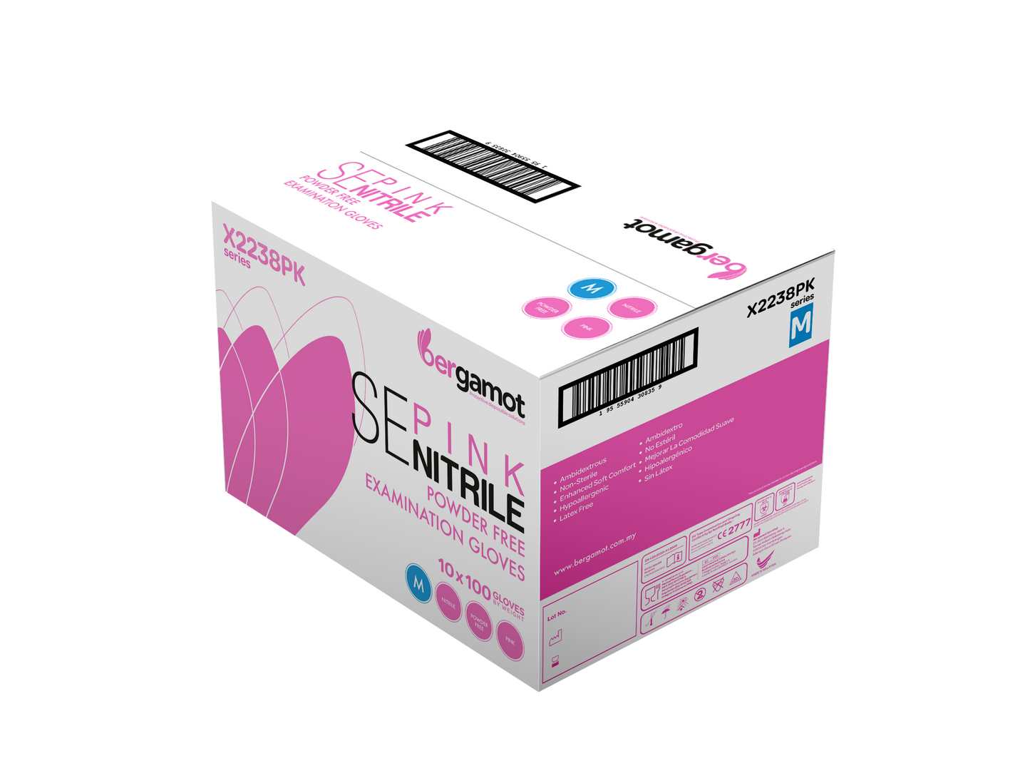 Carton of Pink nitrile gloves designed for beauty professionals, offering a perfect blend of style and protection. These latex-free gloves provide excellent tactile sensitivity and grip, ideal for hair styling, makeup application, and other beauty treatments
