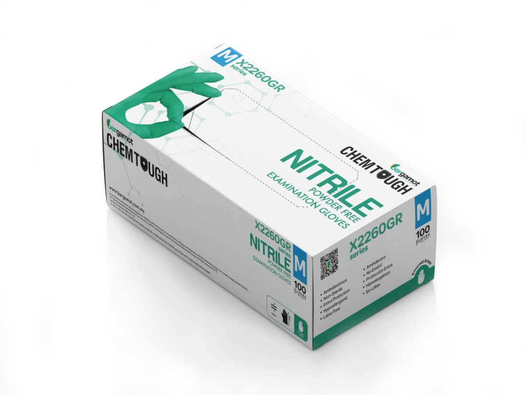 Green Chemtough nitrile gloves, engineered for maximum durability and chemical resistance. Ideal for industrial applications, providing reliable protection and a comfortable fit for handling hazardous materials.