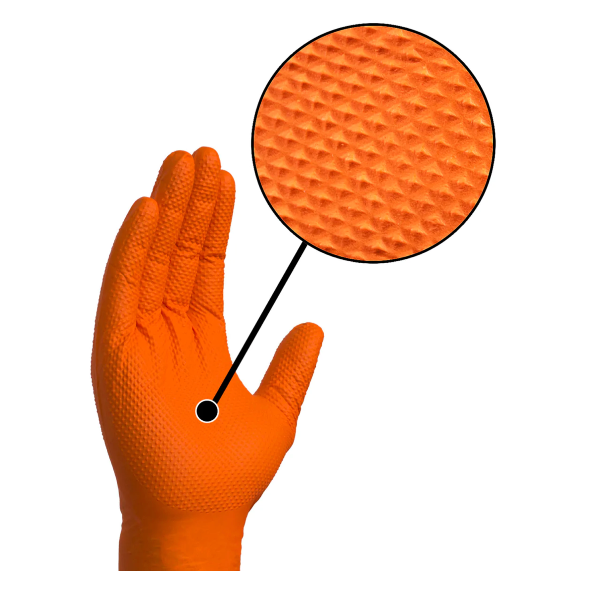 Diamond textured Grip-X orange nitrile gloves designed for mechanics, featuring enhanced grip and dexterity. Ideal for handling tools and machinery, these durable, latex-free gloves provide excellent protection and comfort in automotive and industrial settings.