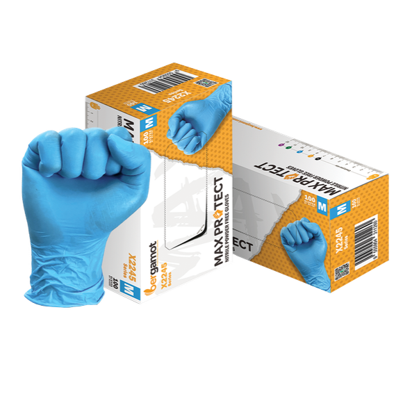MaxProtect blue nitrile gloves, featuring a thicker design for enhanced durability and protection. Ideal for heavy-duty tasks in medical, industrial, and cleaning applications, providing a comfortable fit while ensuring maximum safety