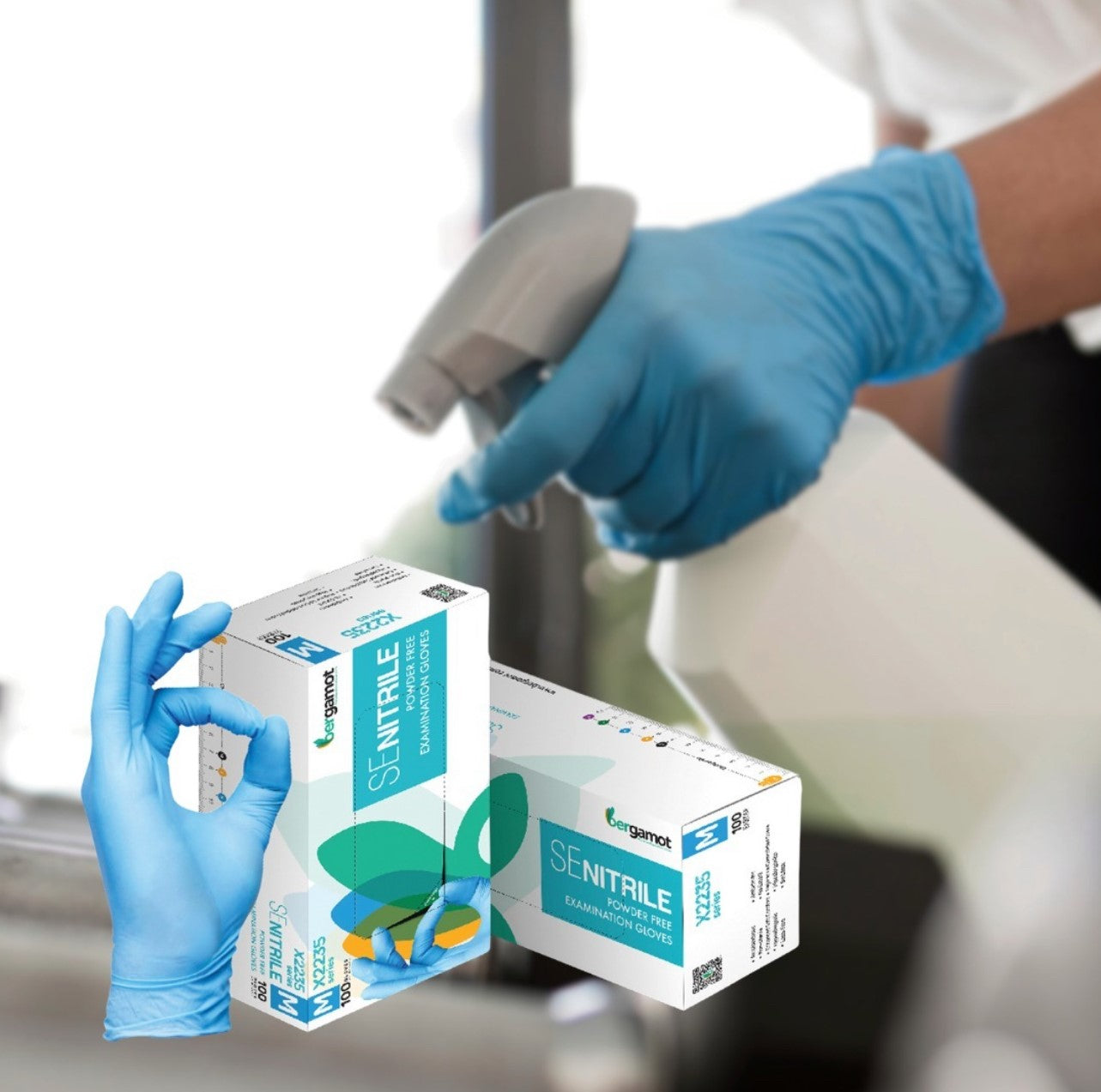 Blue nitrile gloves for cleaning tasks, providing strong chemical resistance and a textured grip. Ideal for household, industrial, and professional cleaning, ensuring protection and comfort