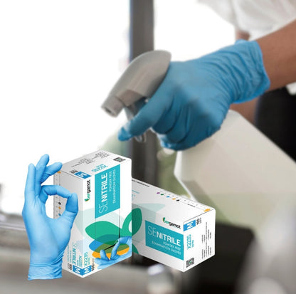 Blue nitrile gloves for cleaning tasks, providing strong chemical resistance and a textured grip. Ideal for household, industrial, and professional cleaning, ensuring protection and comfort