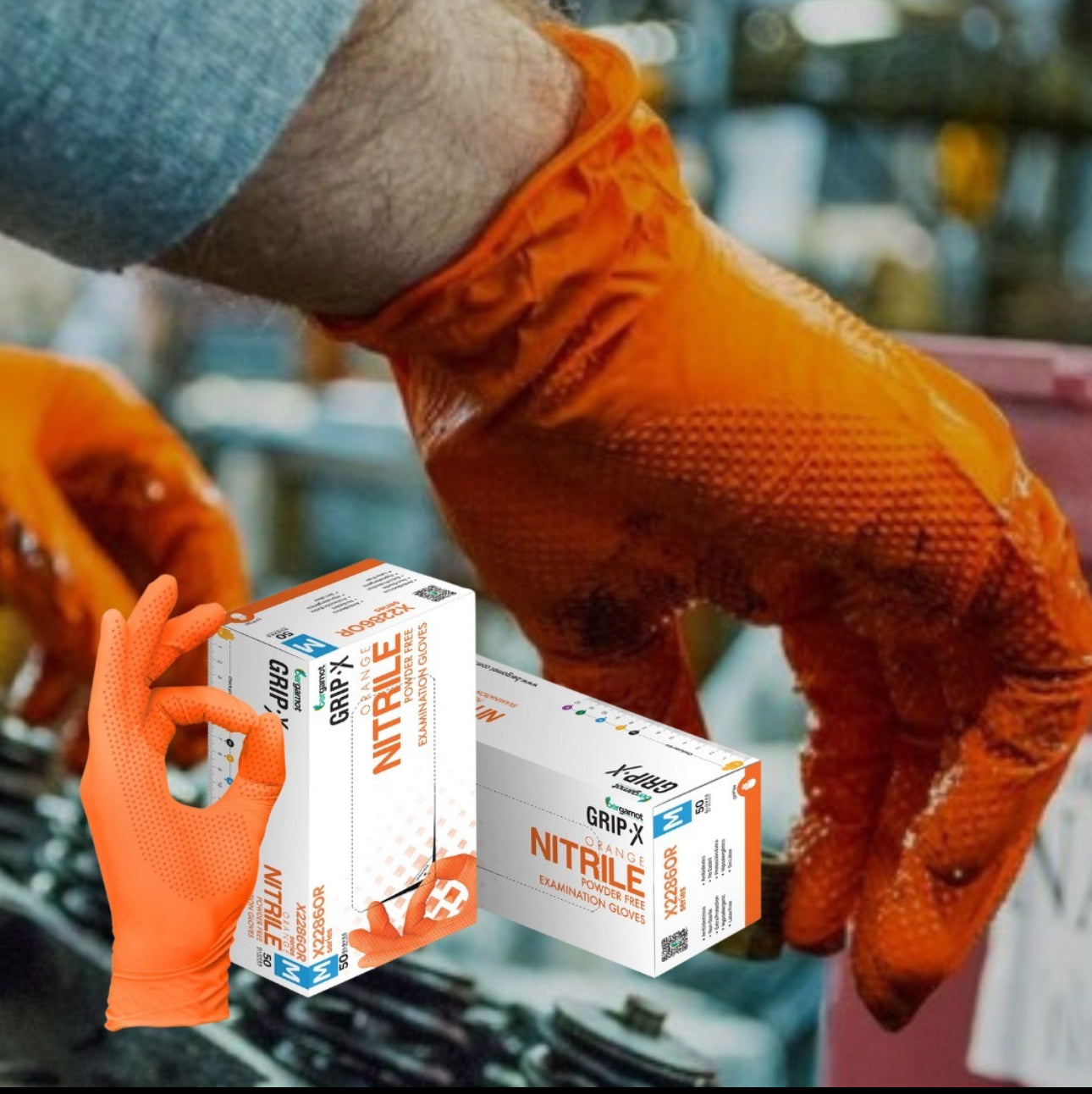 Grip-X orange nitrile gloves designed for mechanics, featuring enhanced grip and dexterity. Ideal for handling tools and machinery, these durable, latex-free gloves provide excellent protection and comfort in automotive and industrial settings.