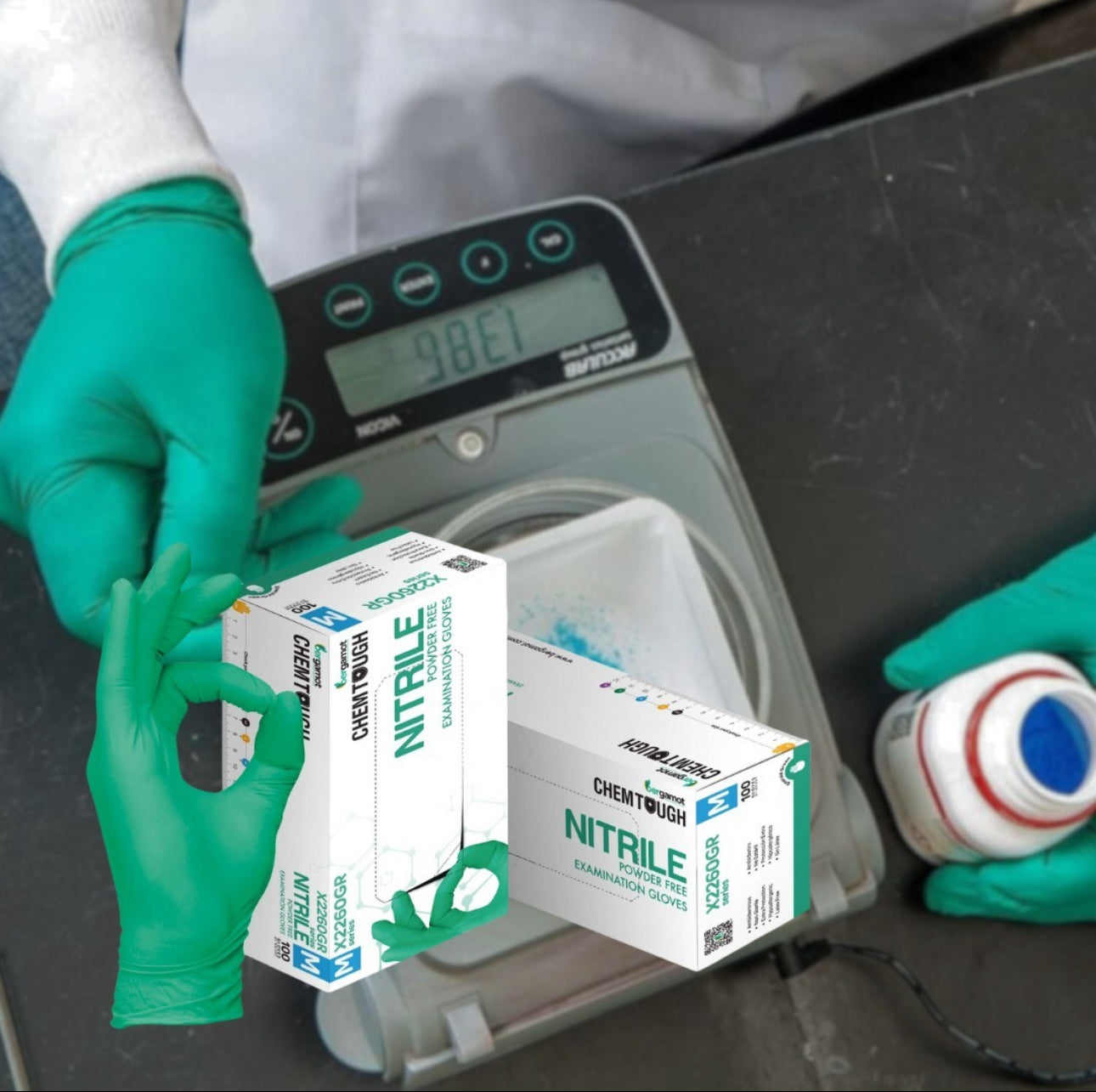 Green Chemtough nitrile gloves, engineered for maximum durability and chemical resistance. Ideal for industrial applications, providing reliable protection and a comfortable fit for handling hazardous materials.