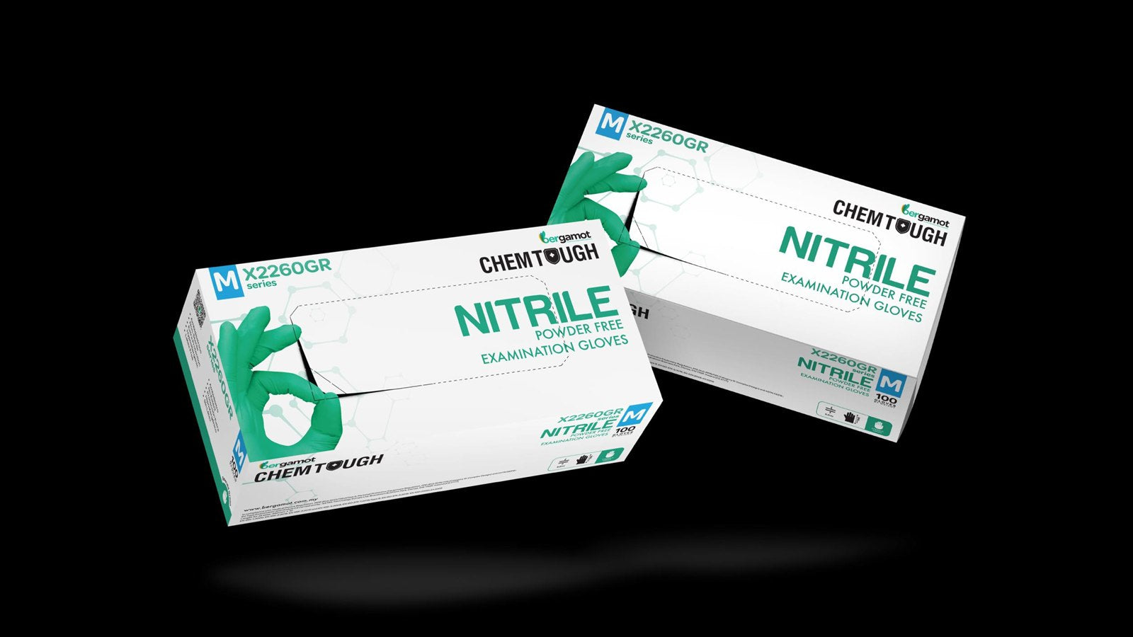 ChemTough Green nitrile examination glove boxes, X2260GR series