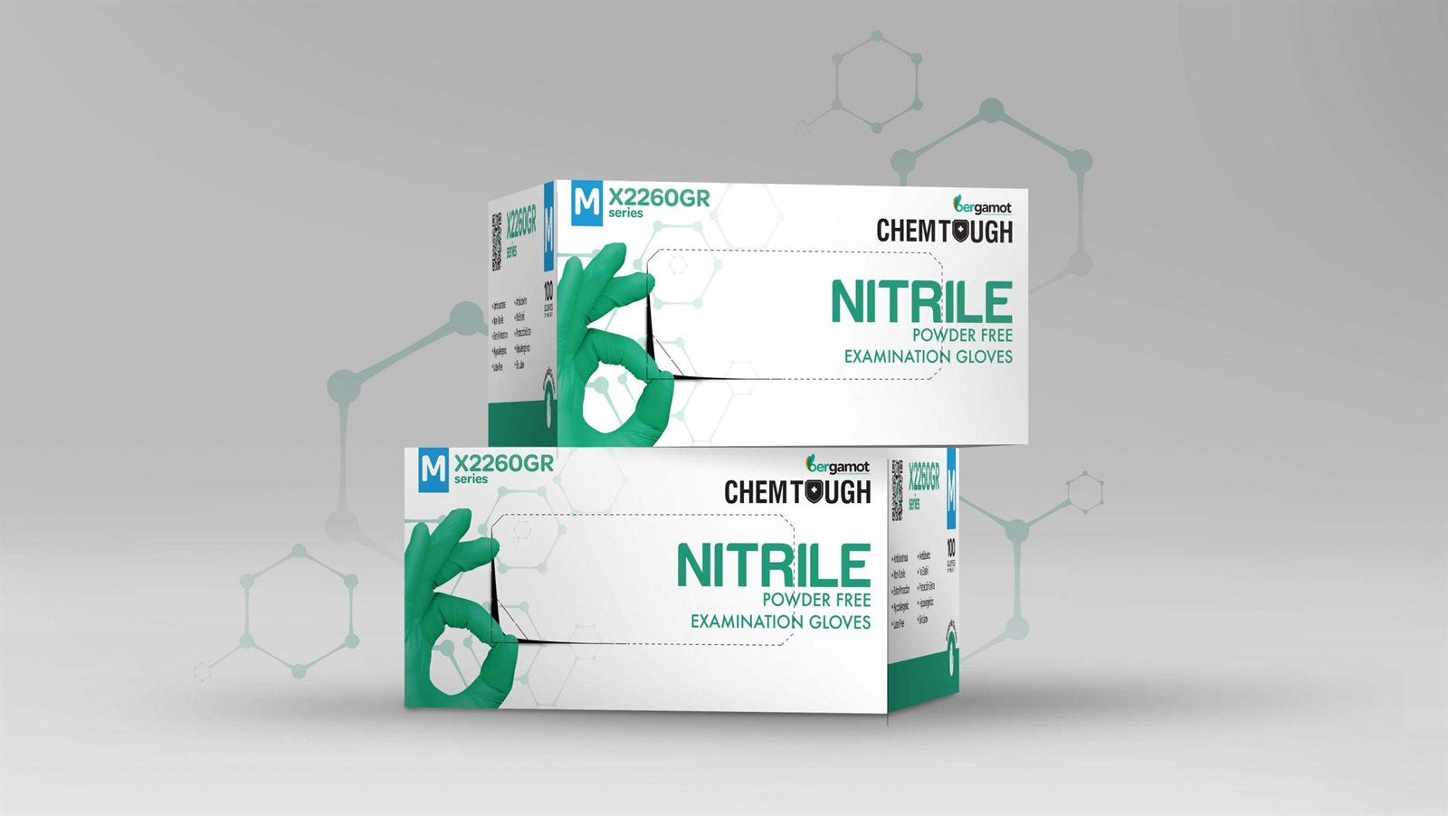 ChemTough Green nitrile gloves packaging, 100 gloves per box